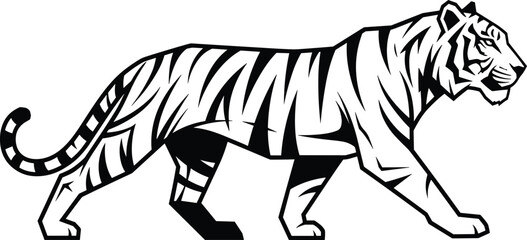 Powerful Tiger Stride Mascot Vector Illustration, Black and White Stylized Big Cat Roaring Emblem Logo, Wild Animal Predator in Profile Silhouette Design.