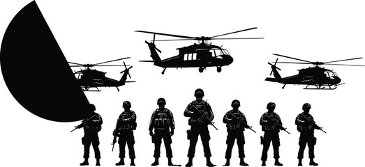 Military silhouettes: soldiers standing in formation with Black Hawk helicopters and large radar dish, defense, security, tactical team, armed forces, black and white vector