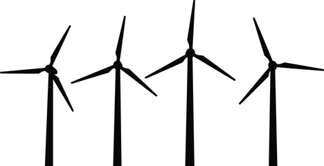 Renewable Energy Concept: Silhouette of Modern Wind Turbines Generating Clean Electricity Against a White Background, Sustainable Power Technology and Wind Farm Installation