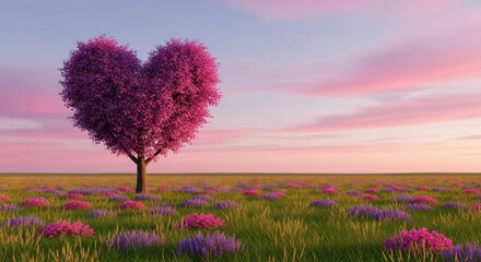 Heart-shaped pink tree in a green field with colorful flowers under a soft pastel sky