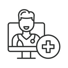 Naklejka premium Online doctor, icon in line design. online doctor, digital healthcare, telemedicine on white background vector. Online doctor editable stroke icon