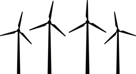 Sustainable wind power generation silhouettes, four modern three-bladed wind turbines standing tall against a white background, clean renewable energy landscape illustration, electricity source.