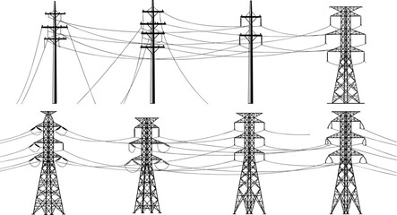 utility pole and high-voltage metal towers silhouette carrying current, electricity grid drawing, vector isolated line art.