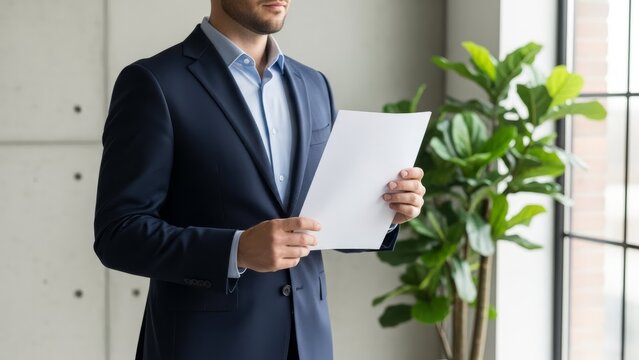 Man in Suit Holding Document Near Window with Plant