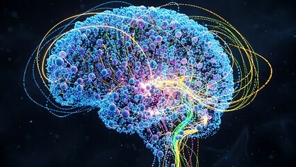 Abstract brain visualization with glowing lines and particles representing neural networks