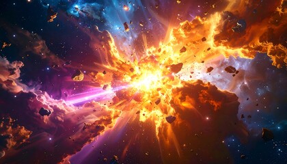 Spectacular Cosmic Explosion of Celestial Bodies and Vibrant Energetic Flames