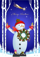 composition with a snowman and a Christmas wreath