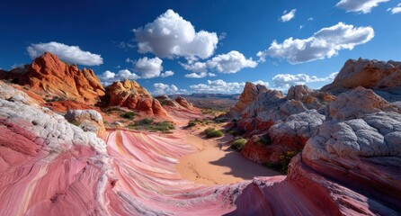 a wide-angle shot of the famous 'the wave' in arizona, with its unique red and white rock formations.