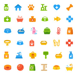 Pet Care and Veterinary Flat Color Icon Set. Including Dog House, Paw, Vet Cross, Bone, Leash, Food, Cage, Cat Tree, and Thermometer.