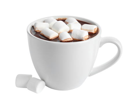 Delicious hot chocolate topped with whipped cream and marshmallows in a beautiful mug on a transparent background.