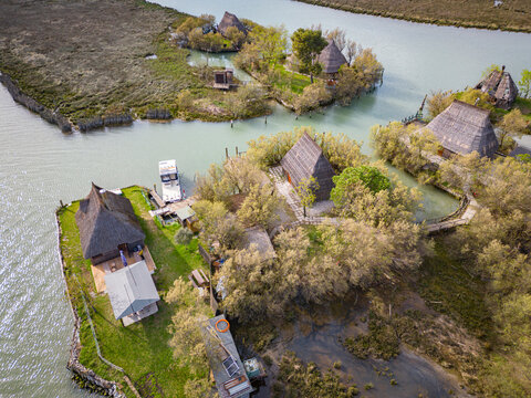casoni, fisherman house in  marano lagoon, aerial view, friuli venezia giulia, italy