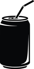 Black and White Vector Icon of Beverage Can with Straw Representing Consumer Packaging and Refreshment
