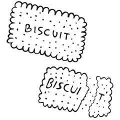 Black and white hand drawn sketch vector illustration of a whole and broken rectangle biscuit or cookie with dots, suitable for sweet food, dessert, bakery, morning breakfast, general food concepts.