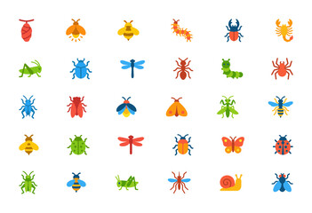 Entomology Icon Collection: A diverse set of colorful flat vector icons featuring various common insects, bugs, and invertebrates like butterflies, beetles, ants, dragonflies, bees, and spiders. © Zhangxiao