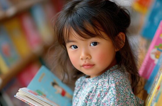 a young asian girl is playing with board books in the children's book store, holding an open picture book and looking at it curiously