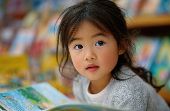 a young asian girl is playing with board books in the children's book store, holding an open picture book and looking at it curiously