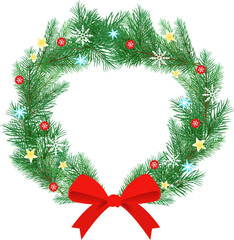 pine tree branches with golden stars Round wreaths  of green fir tree decorated with red bow Christmas balls