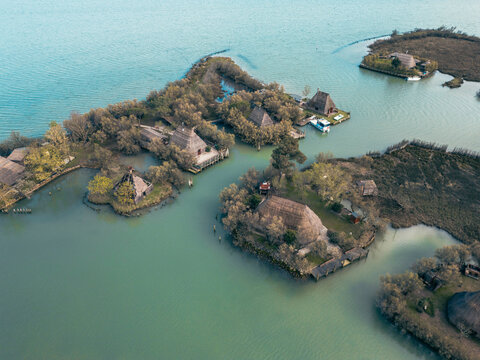 casoni, fisherman house in  marano lagoon, aerial view, friuli venezia giulia, italy