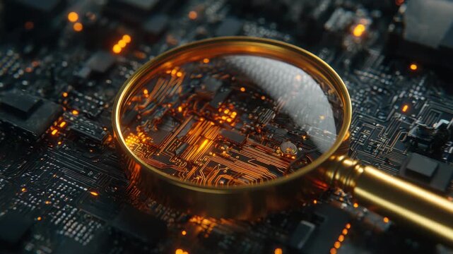 Close Up Of Golden Magnifying Glass Examining Intricate Black Circuit Board With Orange Glowing Details Under Soft Lighting And Shallow Depth Of Field Reveals Complex