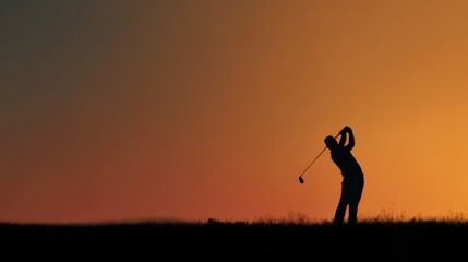 Silhouette of Golfer Swinging at Sunset Over Smooth Horizon