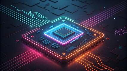 Futuristic glowing computer processor chip with neon blue and pink light trails on a dark circuit board background representing artificial intelligence and technology
