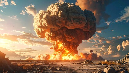 Apocalyptic sky depicting mushroom cloud rising over desolate landscape