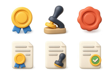 Seal and document icon set for official certifications and approvals