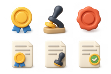 Seal and document icon set for official certifications and approvals
