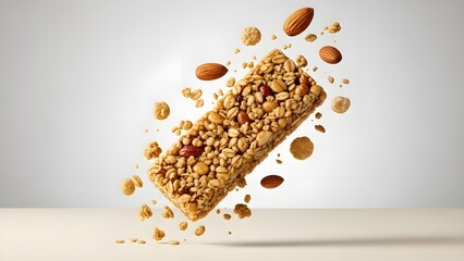 Granola bar with nuts and seeds floating in mid-air, healthy snack concept