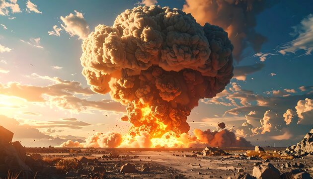Apocalyptic sky depicting mushroom cloud rising over desolate landscape - Powered by Adobe