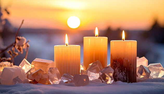 Burning candles and crystals in winter snow at sunrise image photo