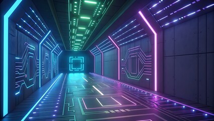 Futuristic digital corridor with glowing neon light lines in blue and pink, representing technology, cyberspace, and data flow in a dark environment