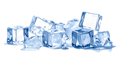 Crushed ice cubes scattered on a flat surface, isolated on a white background
