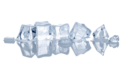 Crushed ice cubes scattered on a flat surface, isolated on a white background