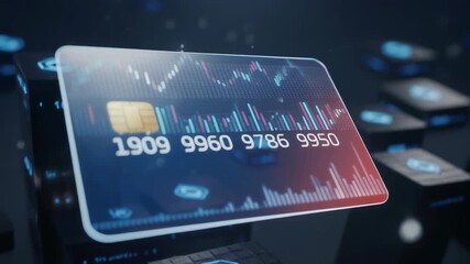 Futuristic credit card displaying real time stock market data charts representing global economic volatility and digital financial transactions - Powered by Adobe