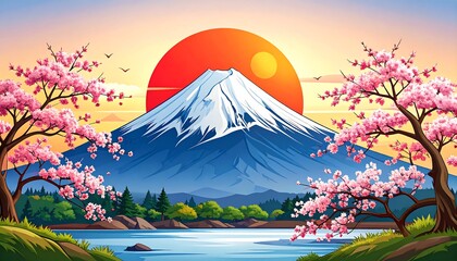 Mount Fuji at Sunrise amidst Cherry Blossoms: A Serene Japanese Vista Painting