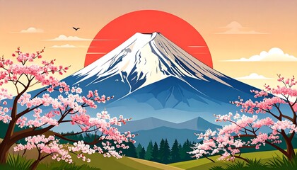 Japanese Mount Fuji Landscape with Cherry Blossoms and Rising Sun Painting