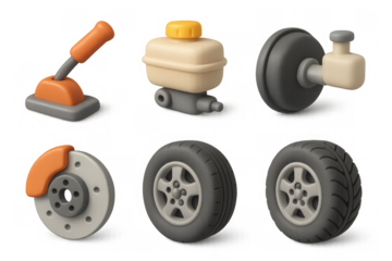 Illustration of brake components including lever, reservoir, and tires for automotive design