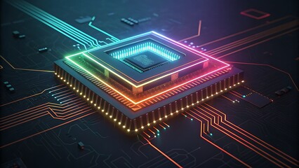 Close up of a glowing futuristic computer microchip or central processing unit with vibrant neon light traces on a dark circuit board background, symbolizing technology and data processing