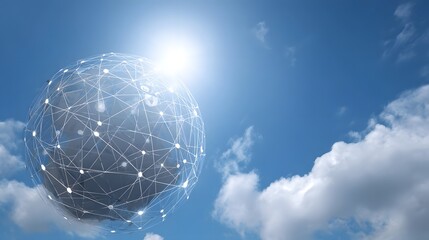 A stylized digital globe with a luminous network overlay floats in a bright blue sky under the sun and clouds
