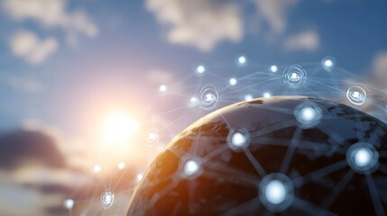 Global digital network with glowing connections around the Earth illuminated by a bright sun and clouds in the sky