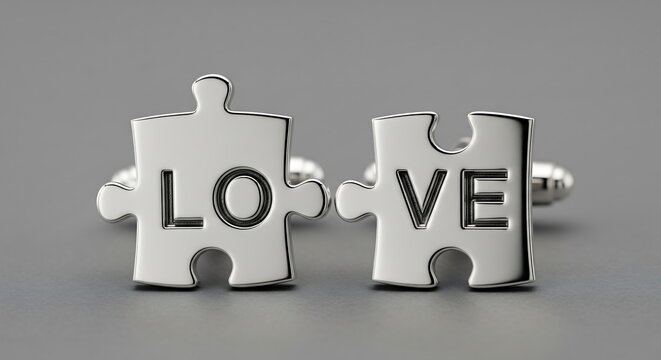 A pair of cufflinks shaped like puzzle pieces that fit together to form the word “LOVE,” isolated on a gray background.