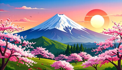 Majestic mountain landscape illustration with cherry blossoms and setting sun
