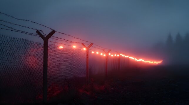 A string of red lights illuminates a barbed wire fence in foggy conditions at dusk - Powered by Adobe