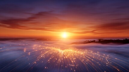 Dramatic sunset over a misty landscape with glowing digital light streaks