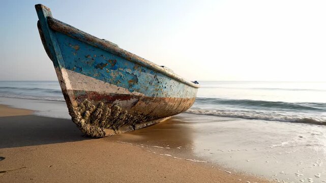 An old, weathered blue boat on a sandy beach at the water's edge