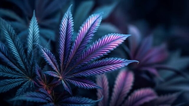 Close up of purple and teal cannabis leaves textured artistic style