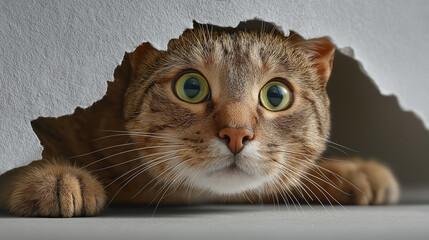 Close-up of scared tabby cat with wide green eyes and paws peeking through torn white paper background, anxiety