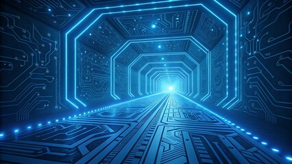 Abstract futuristic digital tunnel with glowing blue circuit board pattern and neon light frames, representing technology, data flow, and cyberspace
