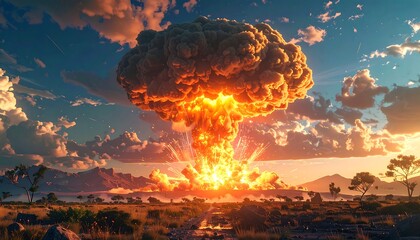 Apocalyptic landscape with immense fiery mushroom cloud at dawn or dusk horizon
